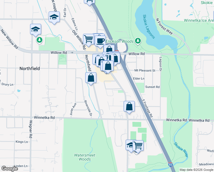 map of restaurants, bars, coffee shops, grocery stores, and more near 1721 Northfield Square in Northfield