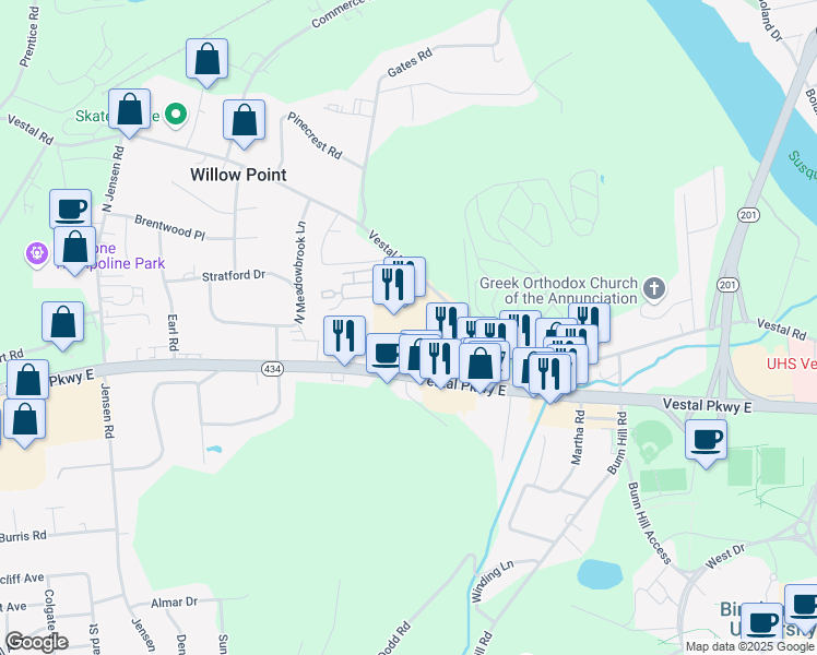 map of restaurants, bars, coffee shops, grocery stores, and more near 3701 Vestal Parkway East in Vestal