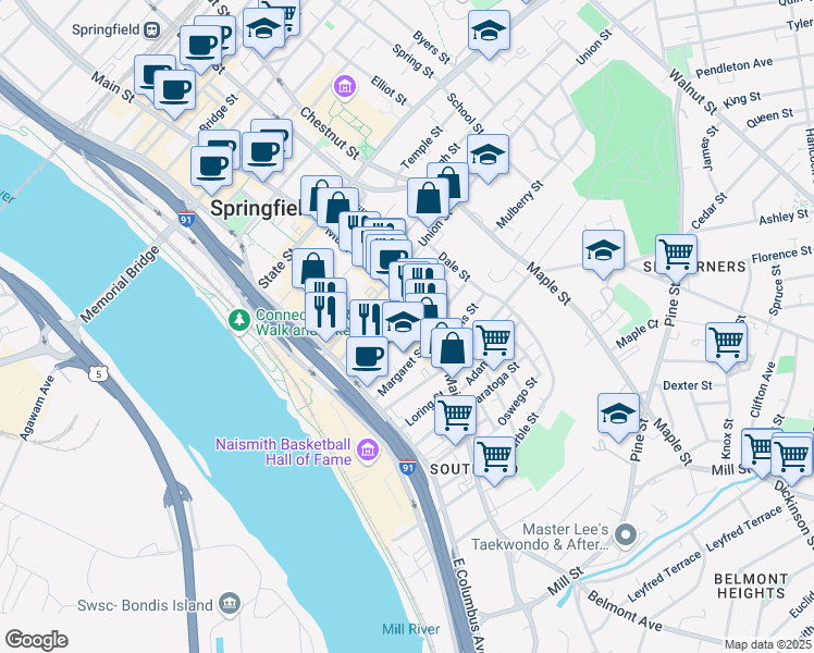 map of restaurants, bars, coffee shops, grocery stores, and more near 123 William Street in Springfield