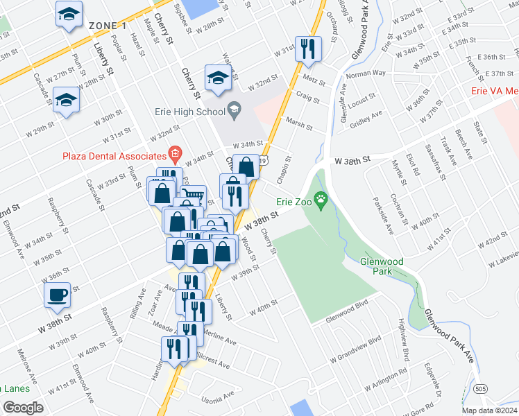 map of restaurants, bars, coffee shops, grocery stores, and more near 3727 Cherry Street in Erie