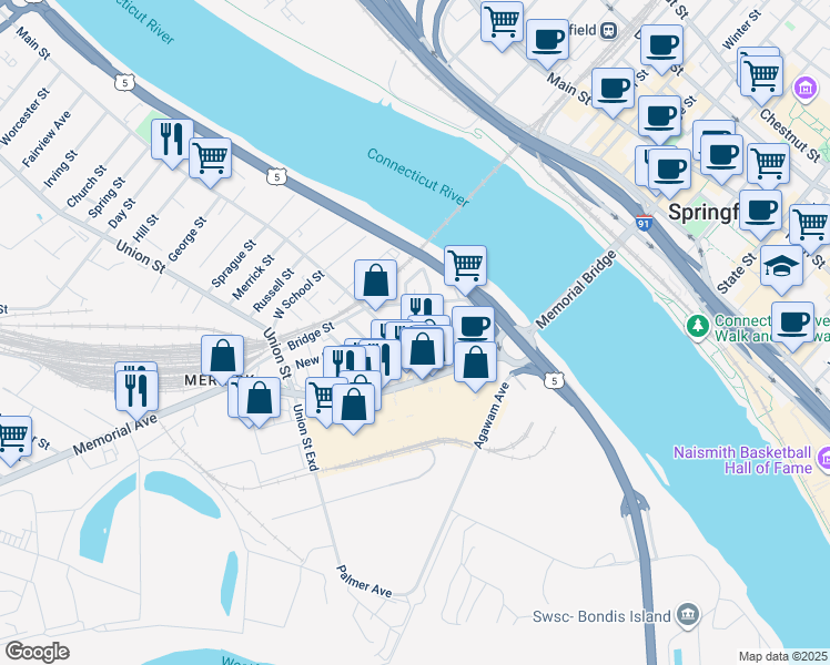 map of restaurants, bars, coffee shops, grocery stores, and more near 1049-1075 Main St in West Springfield