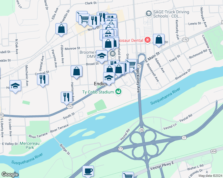 map of restaurants, bars, coffee shops, grocery stores, and more near 1200 East Main Street in Endicott