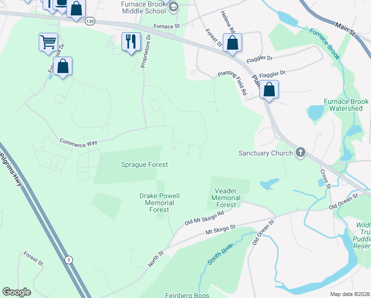 map of restaurants, bars, coffee shops, grocery stores, and more near 21 Old Woodlot Lane in Marshfield