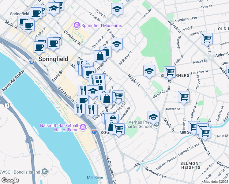 map of restaurants, bars, coffee shops, grocery stores, and more near 49 Central Street in Springfield