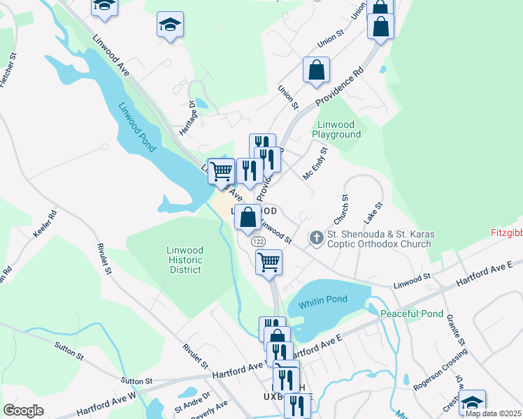 map of restaurants, bars, coffee shops, grocery stores, and more near 210 Linwood Street in Uxbridge