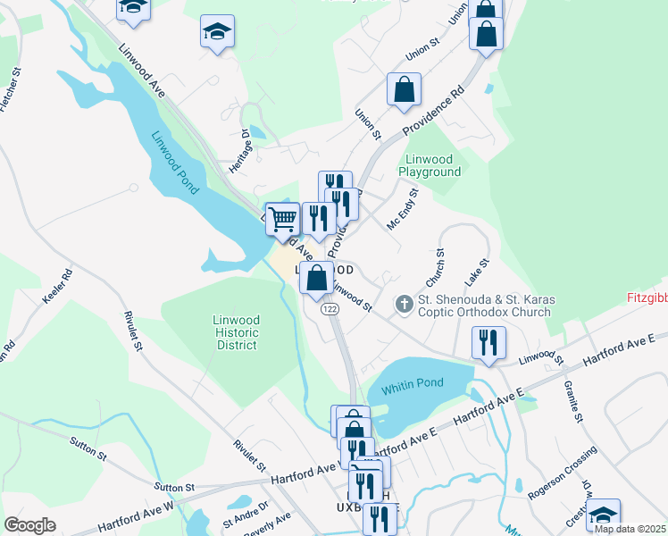 map of restaurants, bars, coffee shops, grocery stores, and more near 210 Linwood Street in Uxbridge
