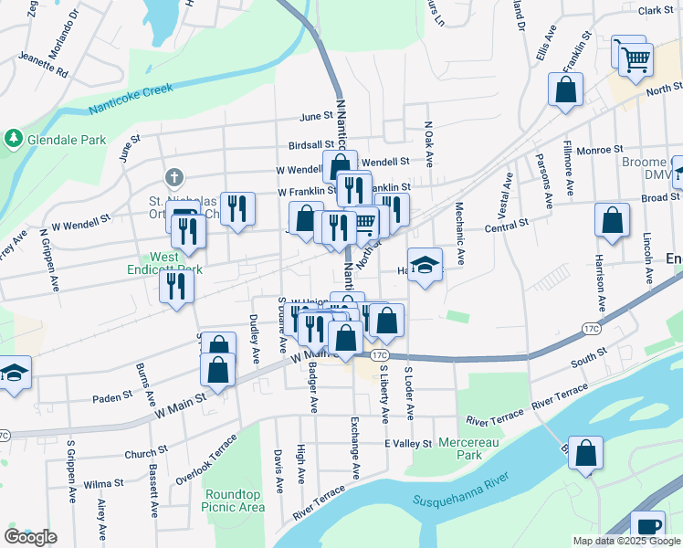 map of restaurants, bars, coffee shops, grocery stores, and more near 12 Nanticoke Avenue in Endicott