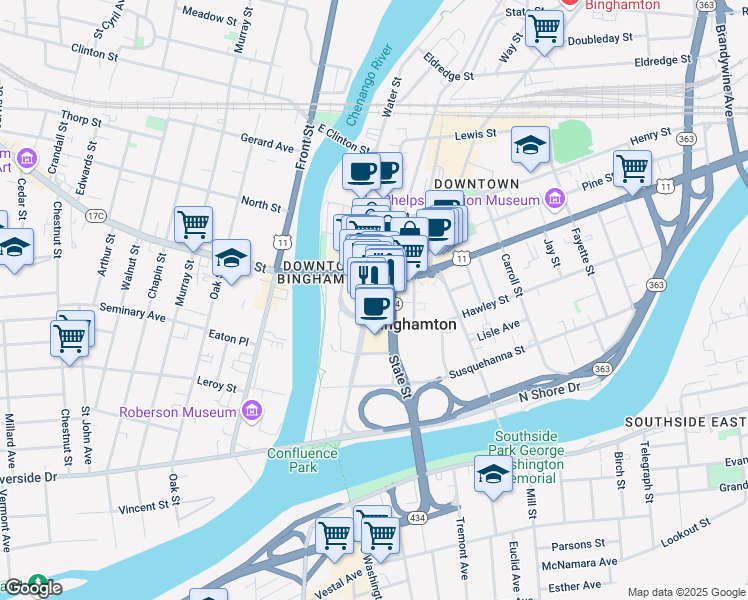 map of restaurants, bars, coffee shops, grocery stores, and more near 116 Washington Street in Binghamton