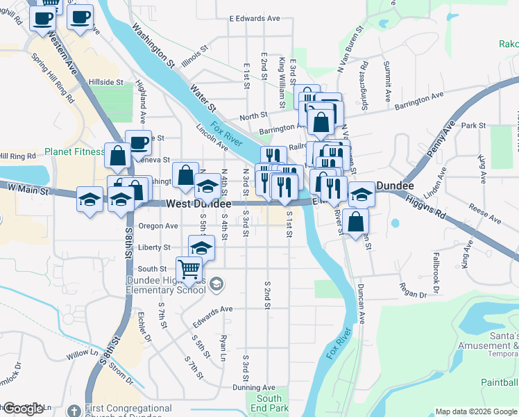 map of restaurants, bars, coffee shops, grocery stores, and more near 214 Oregon Avenue in West Dundee