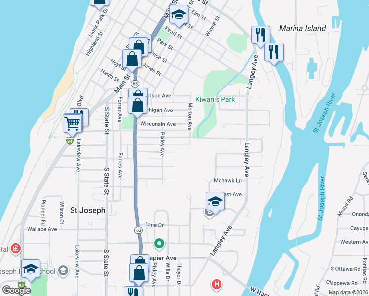 map of restaurants, bars, coffee shops, grocery stores, and more near 950 Lewis Avenue in St. Joseph