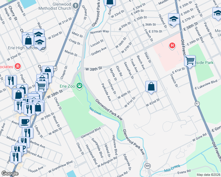 map of restaurants, bars, coffee shops, grocery stores, and more near 3920 Cochran St in Erie