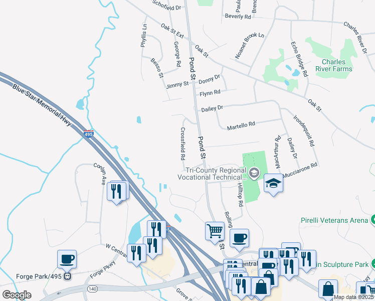 map of restaurants, bars, coffee shops, grocery stores, and more near 193 Crossfield Road in Franklin