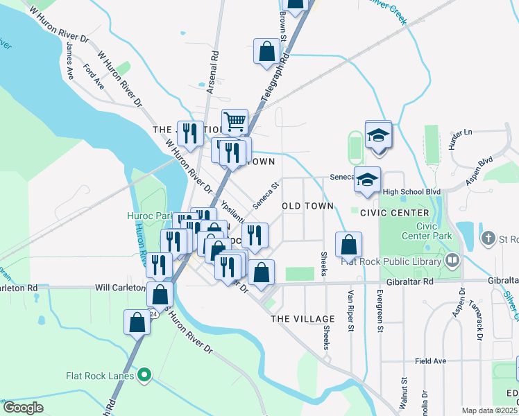 map of restaurants, bars, coffee shops, grocery stores, and more near 28401 Seneca Street in Flat Rock