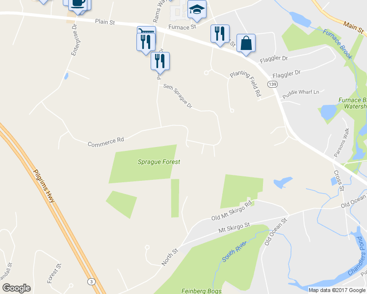 map of restaurants, bars, coffee shops, grocery stores, and more near 21 Old Woodlot Lane in Marshfield