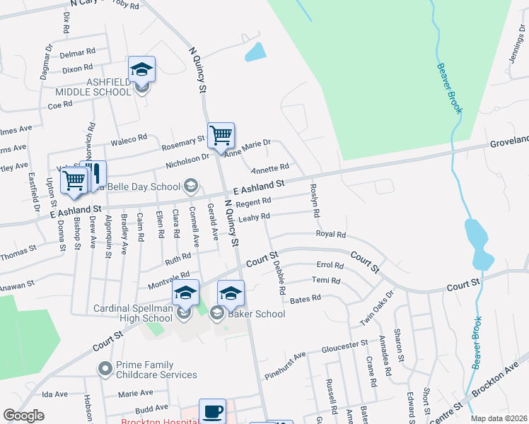 map of restaurants, bars, coffee shops, grocery stores, and more near 55 Leahy Road in Brockton