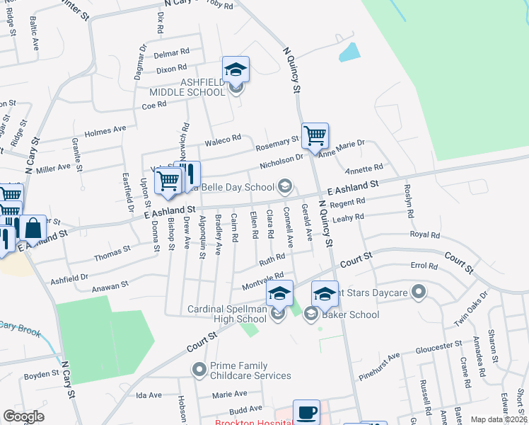 map of restaurants, bars, coffee shops, grocery stores, and more near 47 Clara Road in Brockton