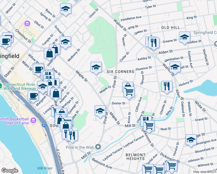 map of restaurants, bars, coffee shops, grocery stores, and more near 289-305 Maple Street in Springfield
