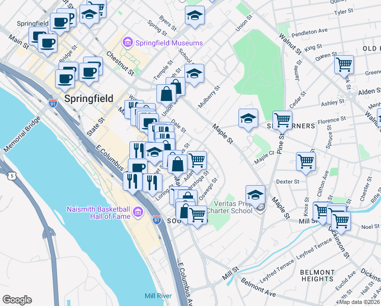 map of restaurants, bars, coffee shops, grocery stores, and more near 49 Central Street in Springfield