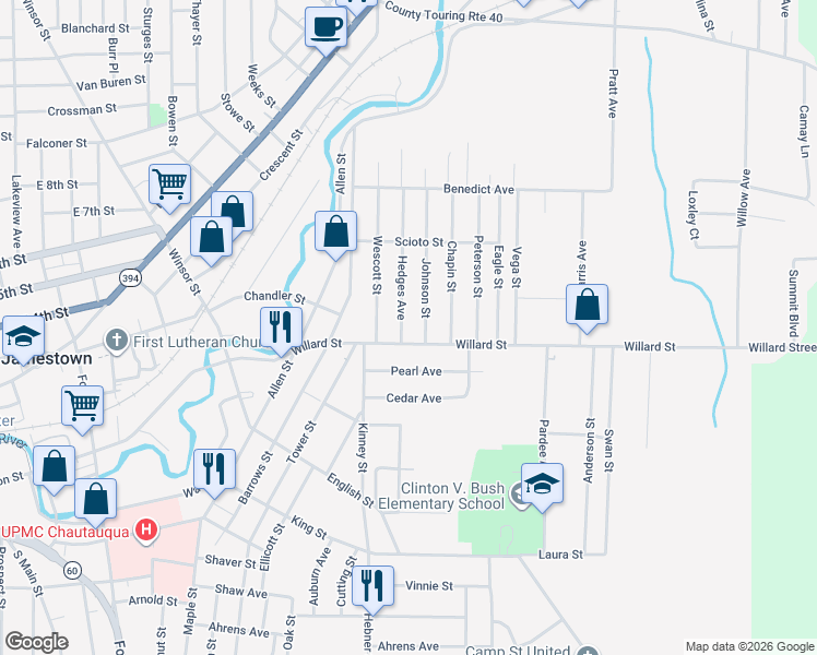 map of restaurants, bars, coffee shops, grocery stores, and more near 14 Hedges Avenue in Jamestown