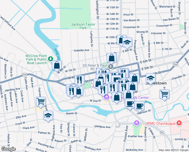 map of restaurants, bars, coffee shops, grocery stores, and more near 511-513 Lafayette Street in Jamestown