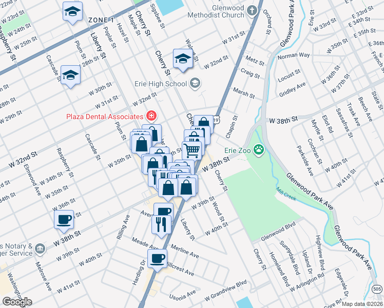 map of restaurants, bars, coffee shops, grocery stores, and more near 3632 Maple Street in Erie