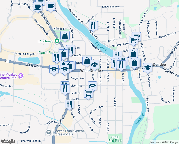 map of restaurants, bars, coffee shops, grocery stores, and more near in West Dundee
