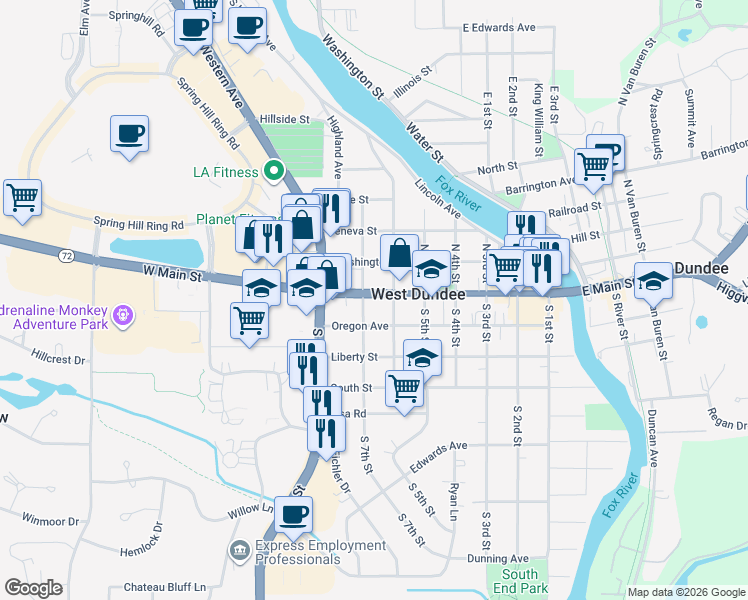 map of restaurants, bars, coffee shops, grocery stores, and more near 613 West Main Street in West Dundee