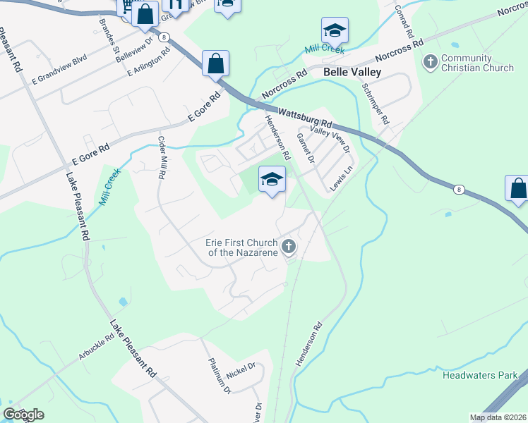 map of restaurants, bars, coffee shops, grocery stores, and more near 5300 Henderson Road in Erie