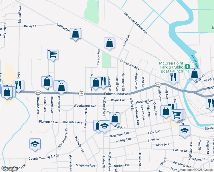 map of restaurants, bars, coffee shops, grocery stores, and more near 9 Shirley Lane in Jamestown