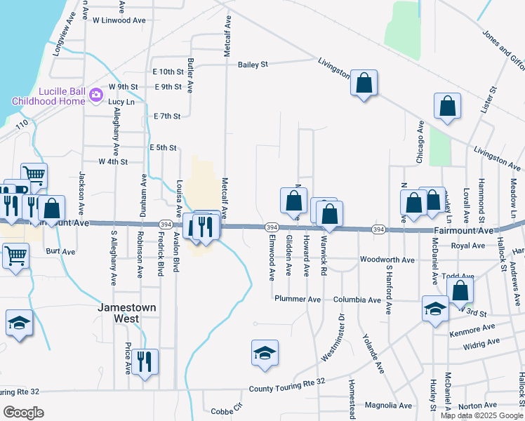 map of restaurants, bars, coffee shops, grocery stores, and more near 646 Fairmount Avenue in Jamestown