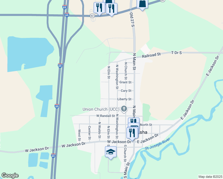 map of restaurants, bars, coffee shops, grocery stores, and more near 625 North Elm Street in Tekonsha