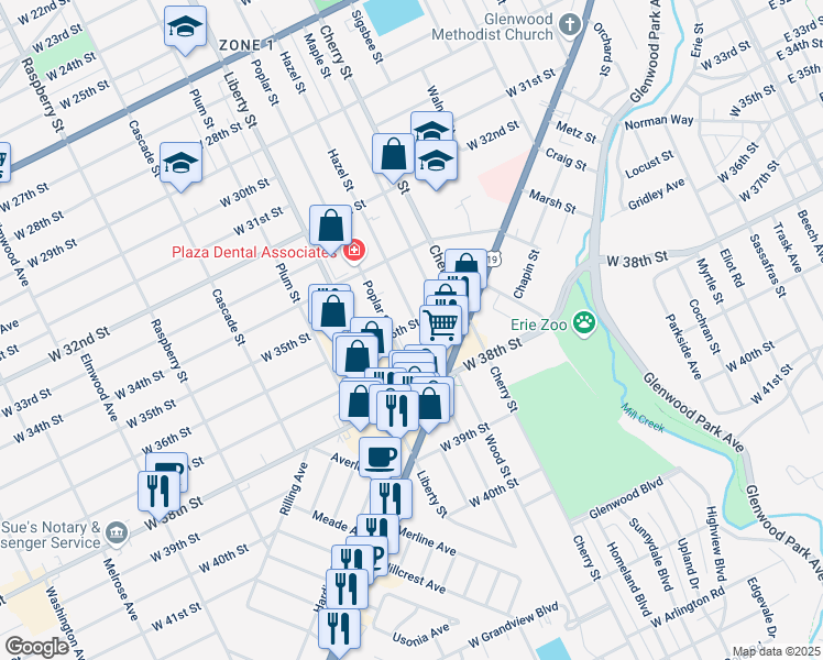 map of restaurants, bars, coffee shops, grocery stores, and more near 3607 Poplar Street in Erie