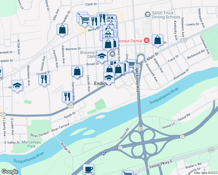 map of restaurants, bars, coffee shops, grocery stores, and more near 1200 East Main Street in Endicott