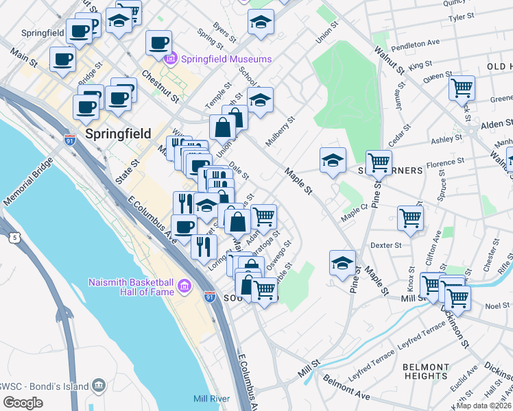 map of restaurants, bars, coffee shops, grocery stores, and more near 49 Central Street in Springfield