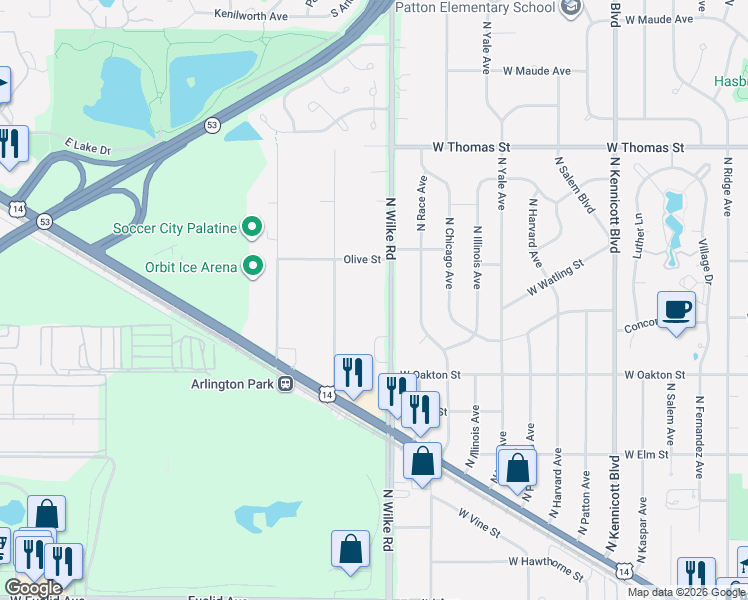 map of restaurants, bars, coffee shops, grocery stores, and more near 656 South Wilke Road in Palatine