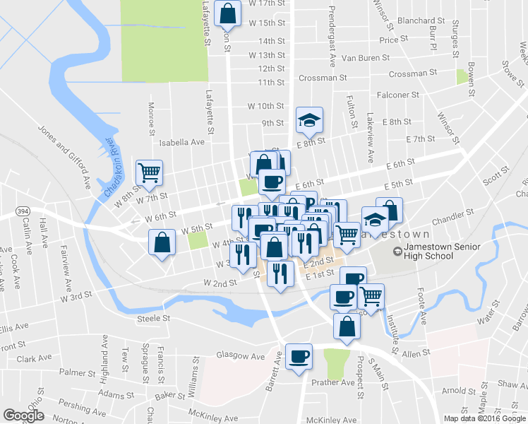 map of restaurants, bars, coffee shops, grocery stores, and more near 509 North Main Street in Jamestown