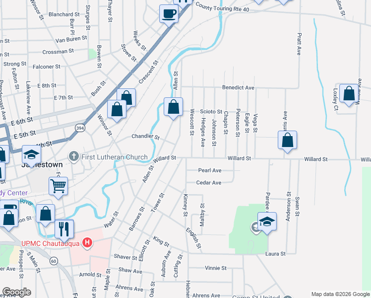 map of restaurants, bars, coffee shops, grocery stores, and more near 41 Wescott Street in Jamestown
