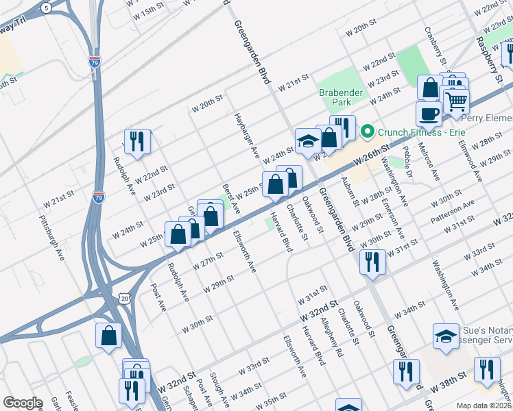 map of restaurants, bars, coffee shops, grocery stores, and more near 2698 Harvard Road in Erie