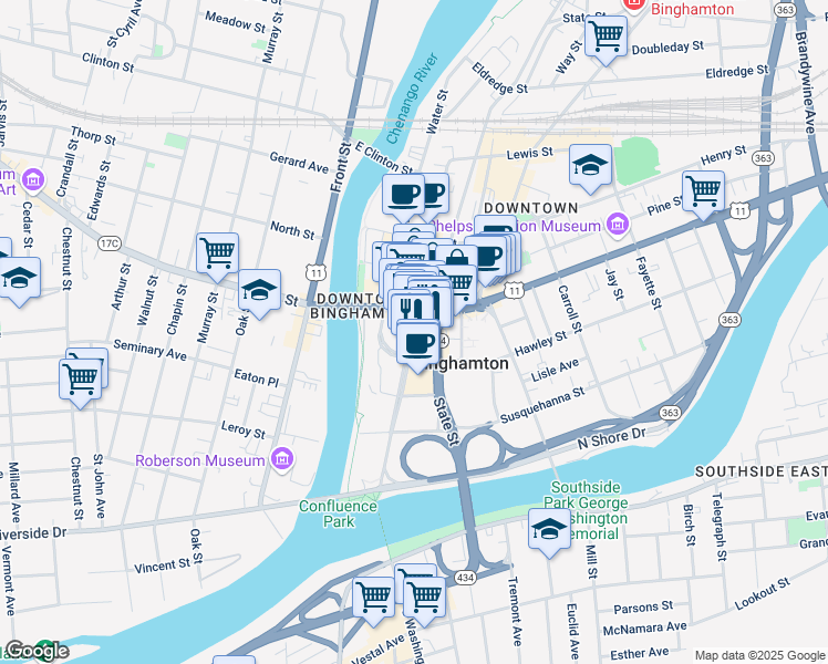 map of restaurants, bars, coffee shops, grocery stores, and more near 130 Washington Street in Binghamton