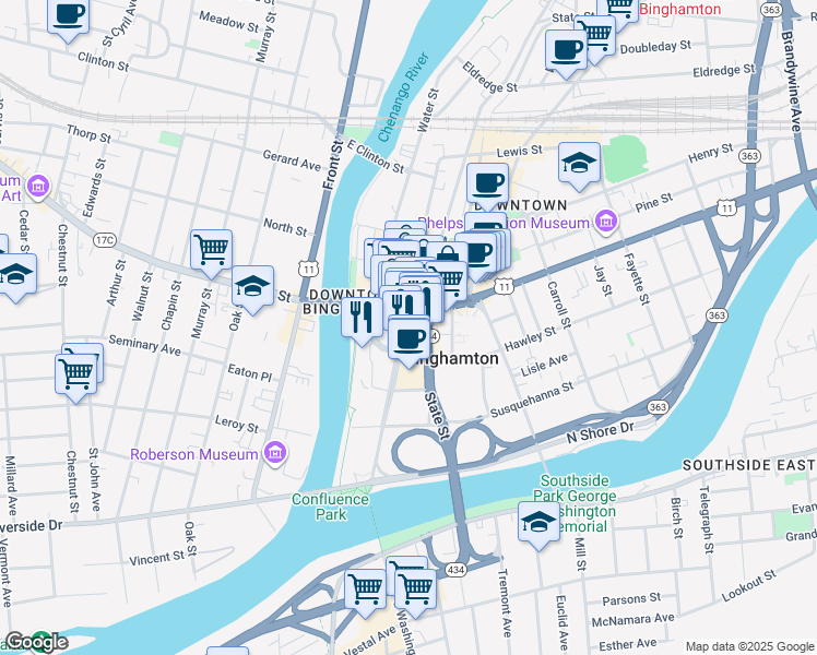 map of restaurants, bars, coffee shops, grocery stores, and more near 136 Washington Street in Binghamton