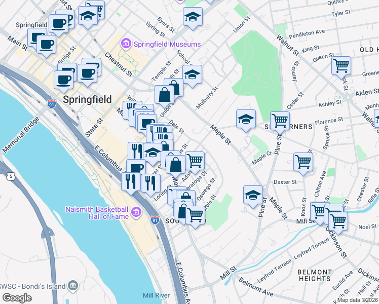 map of restaurants, bars, coffee shops, grocery stores, and more near 49 Central Street in Springfield