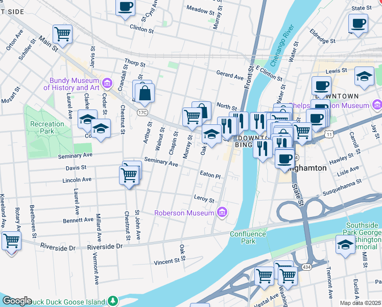 map of restaurants, bars, coffee shops, grocery stores, and more near 2 Chapel Place in Binghamton