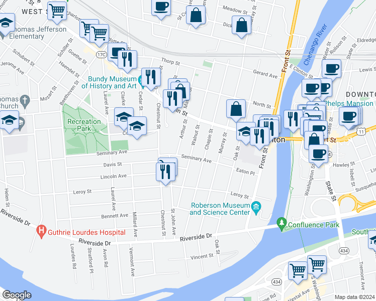 map of restaurants, bars, coffee shops, grocery stores, and more near 33 Seminary Avenue in Binghamton