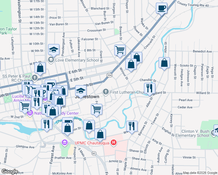 map of restaurants, bars, coffee shops, grocery stores, and more near 152 Chandler Street in Jamestown