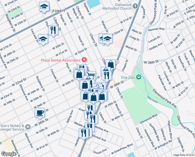map of restaurants, bars, coffee shops, grocery stores, and more near 3607 Poplar Street in Erie