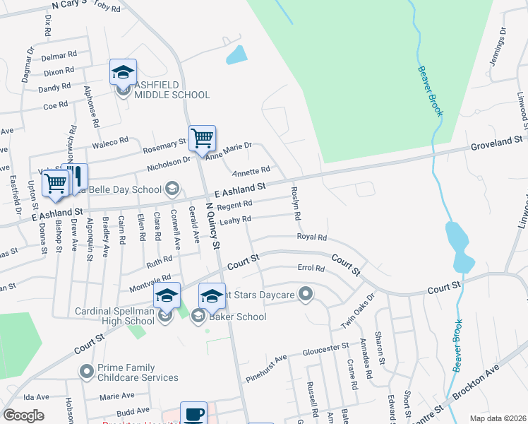 map of restaurants, bars, coffee shops, grocery stores, and more near 55 Leahy Road in Brockton