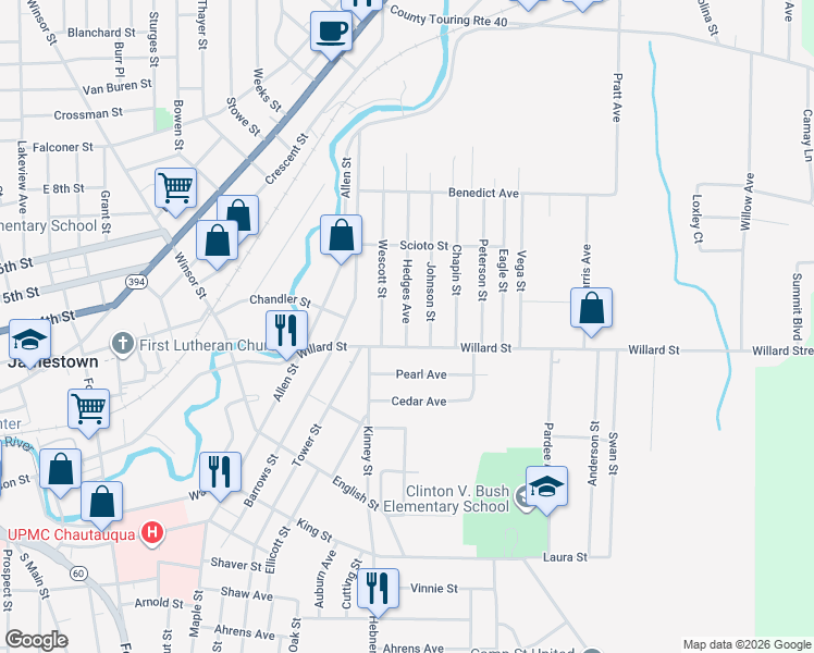 map of restaurants, bars, coffee shops, grocery stores, and more near 44 Hedges Avenue in Jamestown