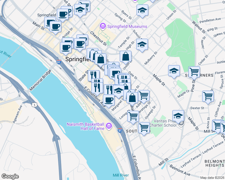 map of restaurants, bars, coffee shops, grocery stores, and more near 49 Wilcox Street in Springfield