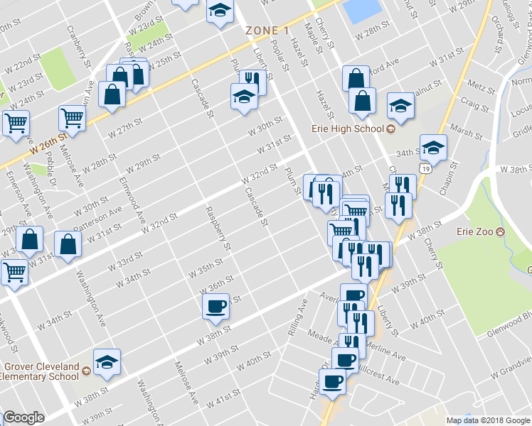 map of restaurants, bars, coffee shops, grocery stores, and more near 960 West 34th Street in Erie