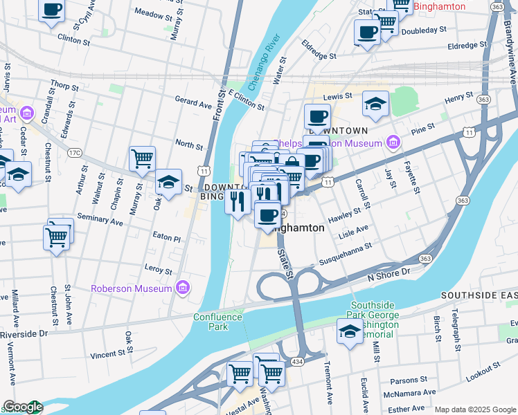map of restaurants, bars, coffee shops, grocery stores, and more near 116 Washington Street in Binghamton